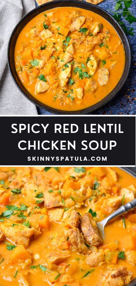 Spicy Red Lentil Chicken Soup – Skinny Spatula Jerk Chicken Soup, Red Soup Recipe, Lentil Chicken Soup, Chicken And Lentil Soup, Lentil Chicken, Chicken Lentil Soup, Chicken Leftovers, Spicy Lentil Soup, Chicken Soup Recipes Easy