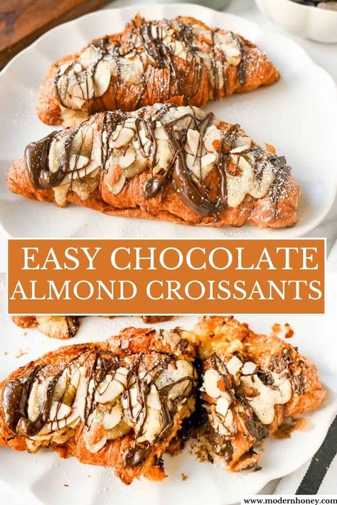 Easy Chocolate Almond Croissants Apple Pie Almond Croissants, Pioneer Woman Chocolate Almond Croissant, Desserts With Croissants, Crossant Breakfast Recipes, Costco Croissants Ideas, Chocolate Croissant Recipe Easy, Sweet Croissants, Chocolate Almond Croissant, Filled Croissants