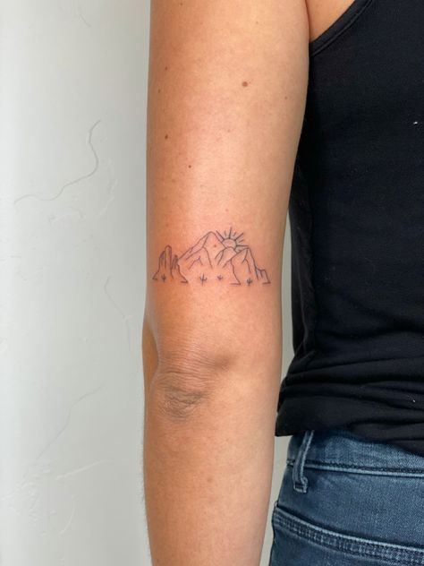 Out West Tattoo Ideas, Red Rocks Tattoo Ideas, Dainty Desert Tattoo, Sedona Arizona Tattoo Ideas, Desert Stamp Tattoo, Tiny Desert Tattoo, Sedona Mountain Tattoo, Yellowstone National Park Tattoo Ideas, Superstition Mountain Tattoo