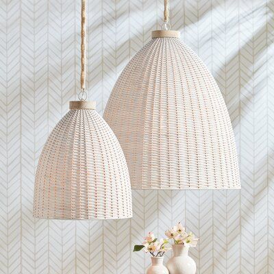 The Olsen grande pendant brings the drama, in casual whitewashed style. Measuring over 30" tall, it is sure to be the focal point of the wide-open farmhouse kitchen. | Birch Lane™ Olsen 1 - Light Dome Pendant w / Rope Accents in Brown / White, Size 31.0 H x 30.0 W x 30.0 D in | Wayfair Kitchen Birch, Coastal Pendant Lighting, Modern Coastal Home, Cottage Lighting, Rattan Shades, Dome Pendant Lighting, Beach House Interior, The Drama, Birch Lane