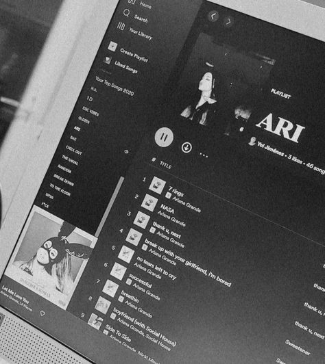 Ariana Grande Spotify Playlist, Ariana Grande Playlist, Ariana Grande Boyfriend, Ariana Aesthetic, Spotify Aesthetic, Song Artists, Music Aesthetic, 7 Rings, Black And White Aesthetic