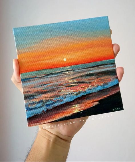 Green And Gold Painting Canvases, Ocean Sunset Paintings Acrylics, Small Square Paintings, Small Sunset Painting, Acrylic Paint Sunset, Sunrise Painting Acrylic, Sunrise Canvas Painting, Sunset Sea Painting, Sea Sunset Painting