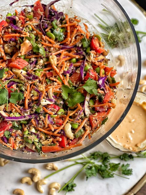 Quinoa and Vegetable Salad with Peanut Dressing Quinoa Salad With Peanut Dressing, Grilled Protein, Sweet Savory And Steph, Crunchy Quinoa, Vegetable Pasta Salad, Marinated Salad, Salad With Peanut Dressing, Meal Prep Menu, Summertime Salads