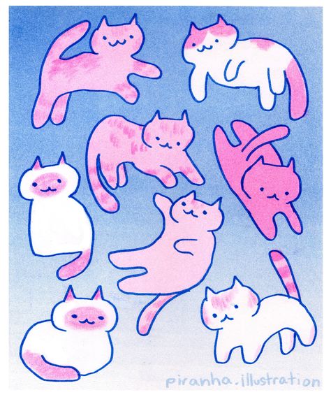 Enjoy this illustration I made of some cats I know in real life! Specifications: - Measures 8.5" x 11" - Printed with fluorescent pink and blue. - Colors and registration vary by print  - Printed on cardstock paper - Small variations between each print given the nature of risograph printing Shipping: Within 3-5 business days. Cute Small Illustration, Pink And Blue Design, Cute Poster Prints, Cute Website Design, Blue Pink Aesthetic, Cat Illustration Design, Risograph Art, Cat Illustration Cute, Cute Art Prints