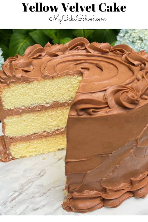 Yellow Velvet Cake | My Cake School Yellow Butter Cake Recipe Moist, Moist Yellow Cake Recipe From Scratch, Yellow Cake Recipes, Yellow Pound Cake, Best Yellow Cake Recipe, Super Moist Yellow Cake, Homemade Yellow Cake Recipe, Moist Butter Cake Recipe, Yellow Cake Chocolate Frosting