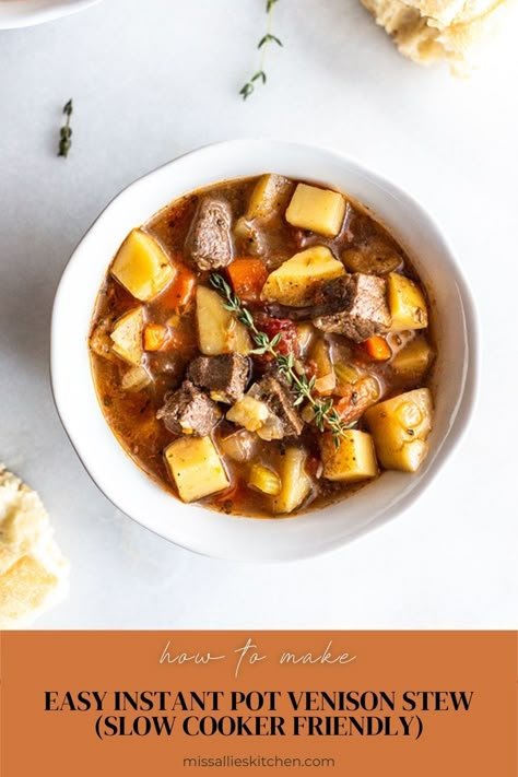 Rich and tender Easy Instant Pot Venison Stew comes together quickly for the perfect rustic, comforting dinner to use up your harvest in the freezer. Venison Stew Slow Cooker, Deer Stew, Stew Slow Cooker, Ancestral Diet, Venison Stew, French Soup, Deer Recipes, Rustic Recipes, Game Meat