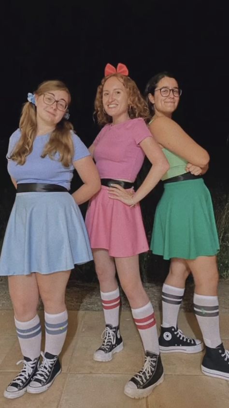 Powerpuff Girls Costume Diy, Powerpuff Girls Diy, Power Puff Costume, Powerpuff Girls Halloween Costume, Power Girl Costume, Diy Girls Costumes, Bubble Costume, Diy Group Halloween Costumes, Powerpuff Girls Costume