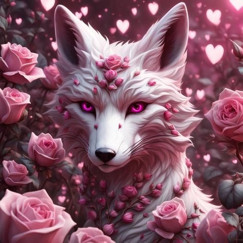 White fox surrounded by floating hearts in a pink rose garden. Illustration. JPG Only. Pink Fox Art, Mask Inspiration, Hearts Illustration, Printable Downloads, Diamond Wall, Garden Illustration, Pink Fox, Wall Decor Crafts, Creatures Art