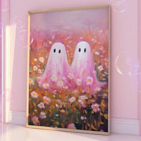 Halloween Decor Pastel, Ghost Flower Painting, Ghost Couple Painting, Halloween Pastel Art, Love Painting Easy, Pink Halloween Painting, Fall Flowers Painting, Fall Decor Flowers, Easy Ghost Painting