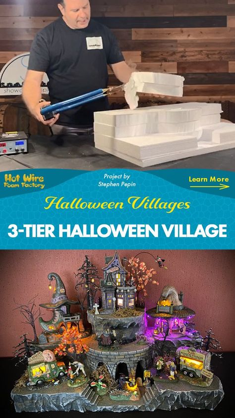 3-tiered halloween village display made out of eps foam featuring detailed brick designs and organic rocky mountainside shapes Diy Halloween Village Platform, Lemax Spooky Town Display, Diy Christmas Village Houses, Diy Halloween Village, Halloween Decorations Outdoor Porch, Halloween Diorama, Halloween Village Display, Scary Halloween Decorations Diy, Foam Factory