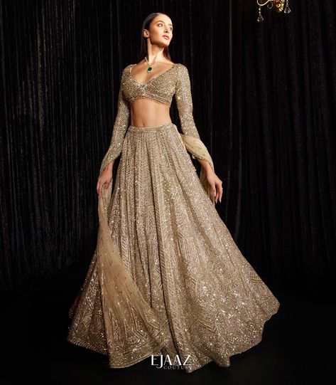 BIBI London Couture | Lehenga Gold Bridal Gown, Ejaaz Couture, Golden Lehenga, Sangeet Outfit, Latest Bridal Lehenga, Reception Lehenga, Indian Bridal Photos, Wedding Lehenga Designs, Lehenga Designs Simple