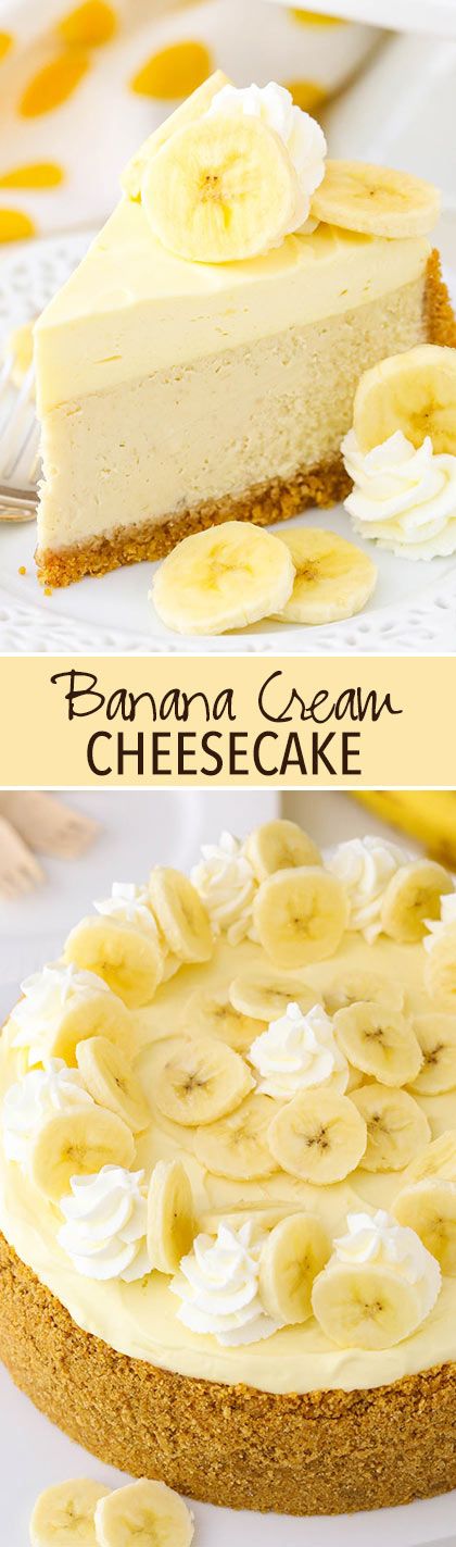 Banana Cream Cheesecake - a creamy banana cheesecake with banana bavarian cream! Amazing! Jagermeister Recipes, Patijinich Recipes, Prochutto Recipes, Cheeseless Recipes, Casidilla Recipes, Puttenesca Recipes, Quasidilla Recipes, Creamy Banana Cheesecake, Moosewood Recipes