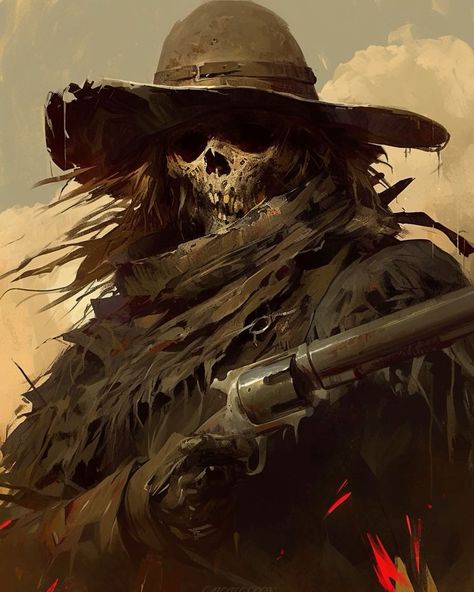 Wild West Skeleton, Undead Cowboy Art, Cowboy Aesthetic Art, Undead Gunslinger, Dnd Cowboy, Undead Cowboy, Alt Western, Zombie Cowboy, Western Gunslinger Art