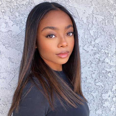 Relaxed Hair With Highlights, Highlights Relaxed Hair, Cute Hair Colors On Black Women, Skai Jackson Hair, Black Hair Brown Highlights Black Women, Black Women Highlights Hair, Highlights On Black Hair Black Women, Brown Highlights Black Women, Balayage Hair On Black Women