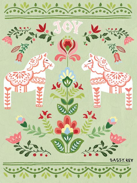 We Print Dala Horse Christmas by Sassy Rey Designs on a bright white canvas using a printing process that covers the entirety of the canvas to ensure the most accurate depiction of the artist’s original work. Expert crafters strive to make each canvas art print the unique masterpiece your home deserves. Our framed wall art is hand-crafted and made to order to give a high quality and professional appearance. Each canvas print has preinstalled D-rings attached to the back of the product to make ha Swedish Arts And Crafts, Dala Horse Design, Dala Horse Art, Horse Illustration Design, Scandinavian Folk Art Swedish Style, Illustrated Frame, Slavic Folk Art, Nordic Folk Art, Swedish Folk Art