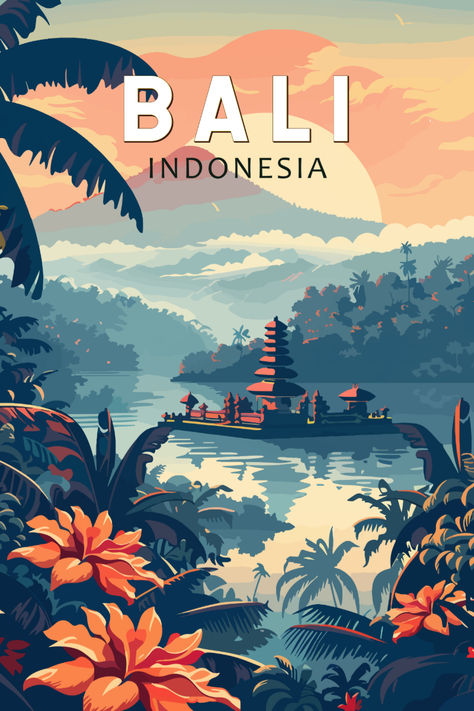 Retro-style illustration of Bali, Indonesia, featuring a serene temple on the water surrounded by lush greenery and vibrant flowers. The sunset casts a warm glow over the landscape, creating a tranquil and inviting scene. Bali Vintage Poster, Countries Aesthetic, Bali Illustration, Wallpaper Bali, Bali Poster, Ogoh Ogoh, Vacation Clipart, Bali Aesthetic, Balinese Art