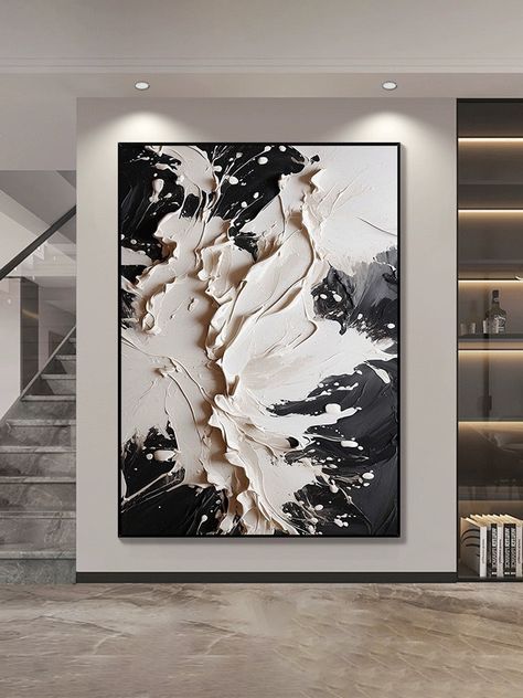 Art On Concrete Wall, Paint Types Art, Abstract Black Painting, Big Paintings Ideas, Art Texture Ideas, Office Wall Paint, Living Room Wall Art Painting, Living Room Abstract Art, Abstract Texture Painting