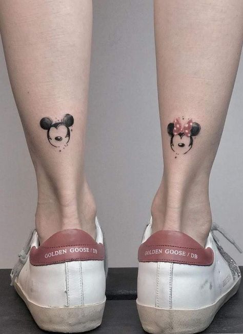 Mini And Mickey Tattoos, Matching Mickey And Minnie Tattoos, Mickey And Minnie Tattoos Small, Minnie Tattoo Small, Disney Ankle Tattoo, Disney Couples Tattoos, Mickey Tattoo Small, Cute Disney Tattoos Small, Mickey Minnie Tattoo