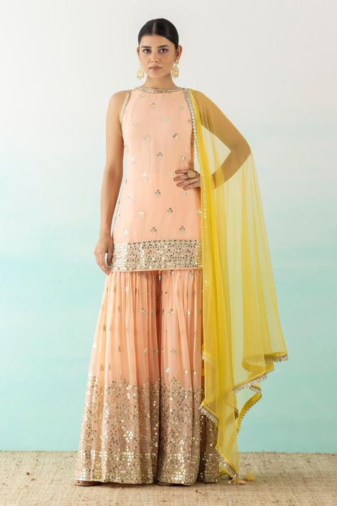 Shop for Basanti Pret Peach Georgette Sequin Embroidered Kurta Sharara Set for Women Online at Aza Fashions Sleeveless Kurta, Designer Suits Online, Embroidered Sharara, Kurta Sharara Set, Red Kurta, Kurta Sharara, Peach Shorts, Sharara Suit, Indian Suits