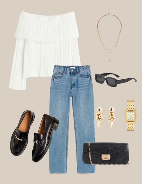 Flat lay of Casual women’s work outfit. Casual workwear. Women’s fall work outfit. Fall work outfit. Fall outfit with off the shoulder white sweater, blue jeans, black loafer, gold jewelry, black sunglasses, and black bag. Casual Workwear Women, Gold Loafers Outfit, Work Outfit Fall, Work Outfit Casual, Fall Work Outfit, Workwear Women, Gold Loafers, Casual Workwear, Fall Outfits For Work