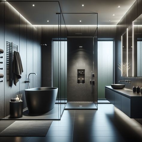 Step into a sleek, modern bachelor's master bathroom. Dominated by hues of charcoal and black, stainless-steel accents add a touch of sophistication. A large free-standing tub, separate glass-enclosed shower, and minimalist vanity blend seamlessly with tech-savvy features 
and luxurious fittings.

#ModernBathroom #LuxuryBathroom #BachelorBathroom #CharcoalBathroom #BathroomTech #BathroomDesigns Vanity Interior Design, Bachelor Bathroom, Men Interior Design, Charcoal Bathroom, Futuristic Elements, Minimalist Vanity, Masculine Decor, Master Bathrooms, Smart Mirror