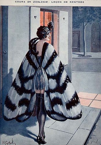 Costume inspiration: circa 1920s, Flapper style moth by Henri Gerbault from "La Vie Parisienne" (magazine). Text: "Cours de Zoologie: Leçon de Rentrée" [Zoology Course: Re-entry/Comeback/Returning Lesson]. Pinned from Jean M's flickr.com collection, 8 June 2015. Halloween, costume, print, vintage Butterfly Costume, Catty Noir, Night Circus, Spiritual Artwork, 다크 판타지, Creatures Of The Night, Halloween Vintage, Arte Inspo, Foto Vintage