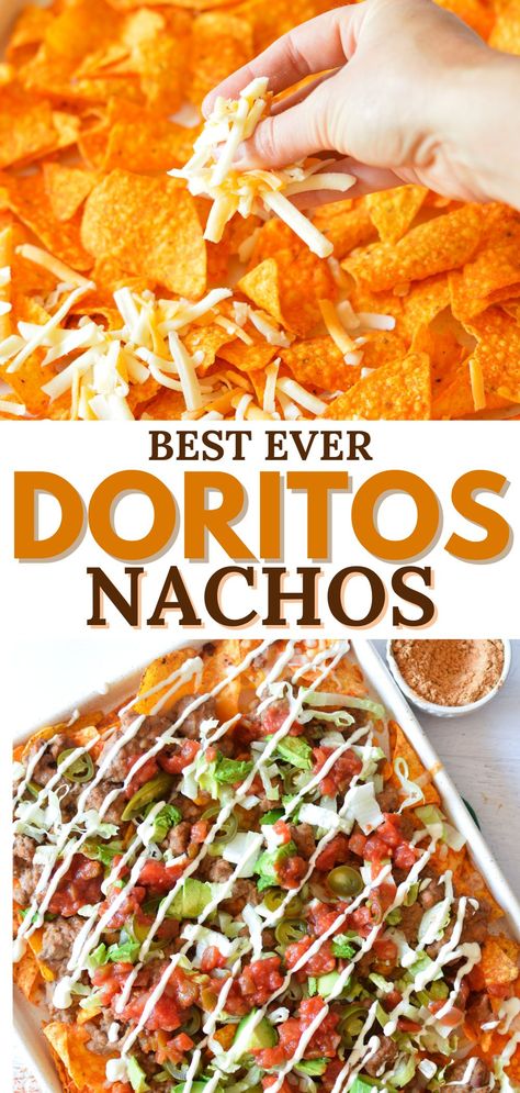 loaded nachos with doritos and cheese. Nacho Tacos Recipe, Doritos Locos Tacos Recipe, Rotel Dorito Nachos, Dorito Nachos Ground Beef Recipe, Loaded Nachos Recipe Beef Easy, Dorito Nacho Bake, Nachos Recipe Doritos, Crock Pot Nachos Beef, Counter Top Nachos