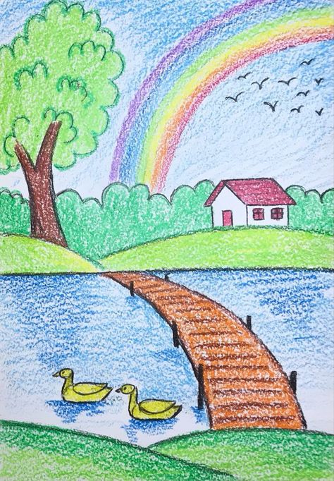 Nature Drawing For Kids, Easy Nature Drawings, Draw Mickey Mouse, Easy Steps To Draw, Steps To Draw, Easy Scenery Drawing, Oil Pastel Drawings Easy, Painting On Canvas For Beginners