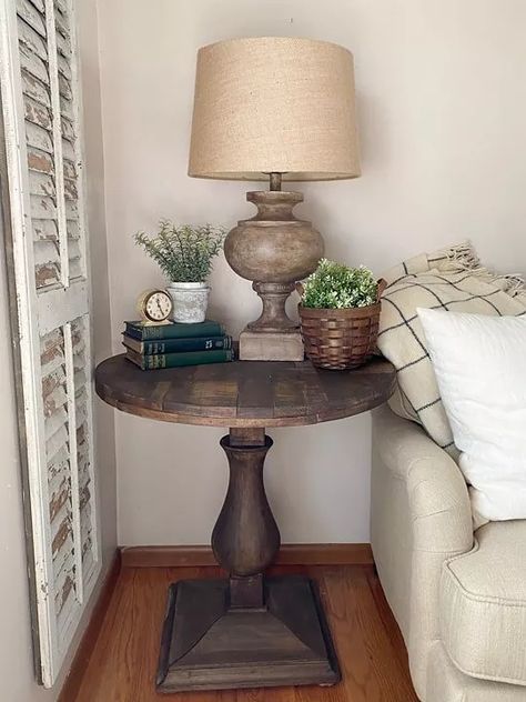 Diy Round Side Table, Side Table Decor Ideas, Round Side Table Makeover, Farmhouse Thrift Store Makeovers, End Table Makeover, Side Table Styling, Side Table Makeover, Side Table Decor, Diy End Tables