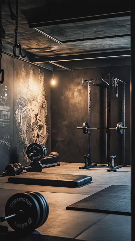 Unleash your inner Scorpio 🦂 with an intense CrossFit gym setup! Embrace industrial vibes with heavy-duty equipment and powerful motivational wall art. Dive into your workouts under dramatic lighting, transforming your space into a powerhouse of determination and strength. 💪✨ #FitnessGoals Dark Workout Room, Home Gym Dark, Gym Design Interior Industrial, Warehouse Gym Design, Black Gym Interior, Home Crossfit Gym, Black Home Gym, Industrial Gym, Dark Gym