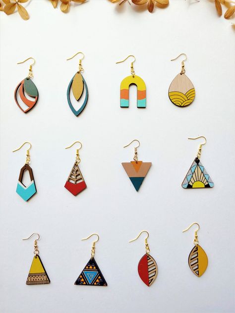 Wood Weaving, Cute Gifts For Mom, Hand Painted Earrings Wood, Mdf Earrings, Weaving Earrings, October Weddings, Wood Teardrop Earrings, Kite Earrings, Wood Hoop Earrings