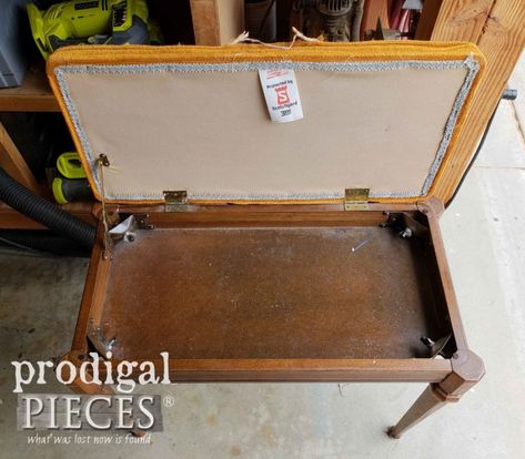 Inside Vintage Piano Bench | prodigalpieces.com Piano Bench Diy, Piano Bench Ideas, Piano Bench Makeover, Piano Bench Makeover Ideas, Piano Bench Repurpose, Old Piano Repurpose Ideas, Repurposed Piano Bench, Upcycle Piano Repurposed, Upright Piano Repurpose Upcycling