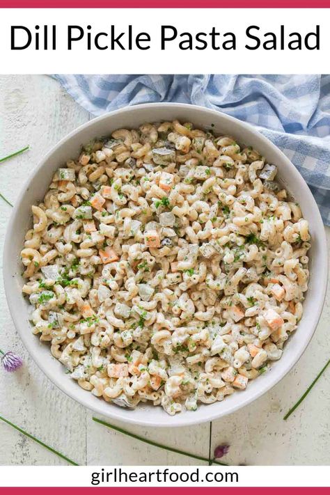 This dill pickle pasta salad recipe is always a hit, especially with dill pickle lovers! With simple ingredients like elbow macaroni, dill pickles, cheddar cheese, chives and a deliciously creamy dressing, it's a cinch to make and a great addition to those casual summertime get-togethers and barbecues. Dill Pickle Pasta Salad Recipe, Pickle Pasta Salad Recipe, Pickle Pasta Salad, Pickle Pasta, Dill Pickle Pasta Salad, Summer Pasta Recipes, Creamy Pasta Salads, Comfort Dinner, Pasta Types