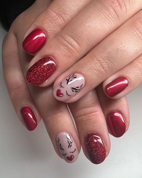 So cute! ❤️ @amyblythxo | Instagram Red Nails Glitter, Red Christmas Nails, Christmas Gel Nails, Short Nail, Red Nail, Festival Nails, Nagel Inspo, Short Nail Designs, Cat Kuku