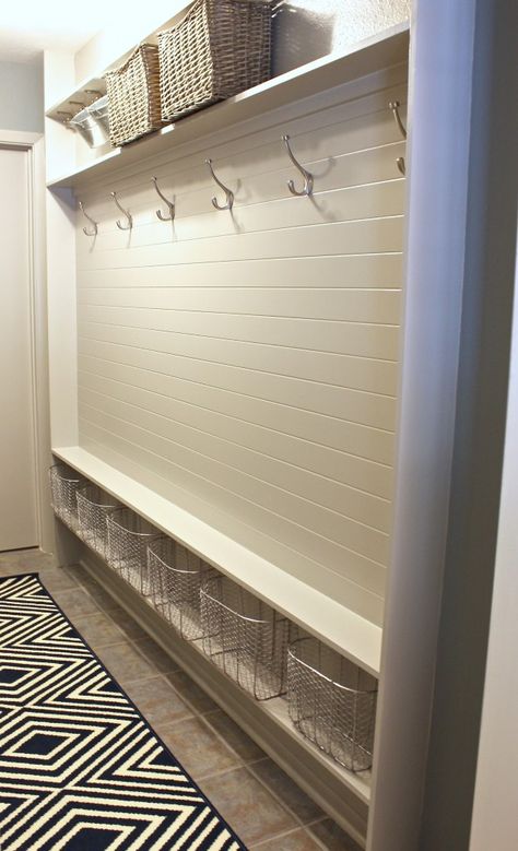 turn a narrow hallway into a mudroom using just 5 inches {wonder if I can add the shelf above or the baskets below to my mudroom} Mudroom Storage, Laundry Room/mud Room, Diy Entryway, River Cottage, Diy Casa, Boot Room, 아파트 인테리어, غرفة ملابس, Laundry Mud Room