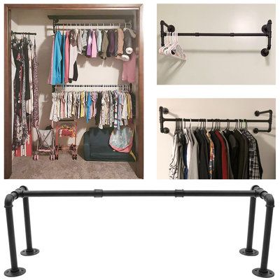 Vintage Design: The Product Features The Industrial Pipe, Adding a Distinctly Vintage Feel, Which Is Not Only a Clothes Rack But Also An Ornament. It Is Pretty And Practical. | Williston Forge Maray Adjustable Metal in Black | Wayfair | Organization Closet Organizers & Garment Racks, Thick Clothes, Pipe Clothes Rack, Rack Industrial, Clothes Hanger Rack, Black Closet, Pipe Rack, Metal Clothes Rack, Closet Renovation