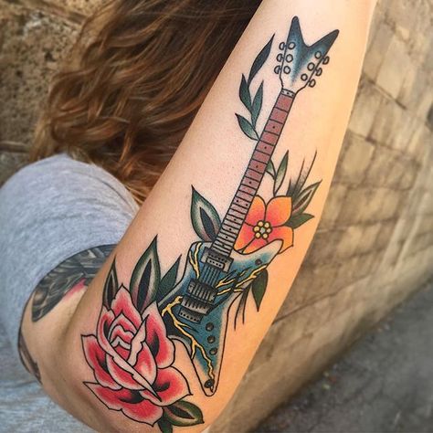 Traditional Piano Tattoo, Red Guitar Tattoo, Guitar Pic Tattoo, Old School Guitar Tattoo, American Traditional Guitar Tattoo, Music Traditional Tattoo, Traditional Guitar Tattoo, Traditional Music Tattoo, Traditional Tattoo Music