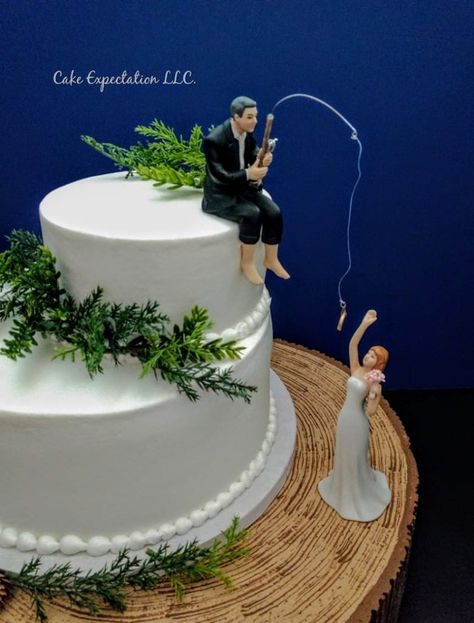 Fishing themed wedding cake Fishing Theme Wedding Cake, Grooms Cake Fishing Theme, Fishing Wedding Ideas, Fishing Grooms Cake, Lake Wedding Cake, Fishing Wedding Cake, Swimming Wedding, Fishing Wedding Cakes, Fishing Wedding Cake Toppers