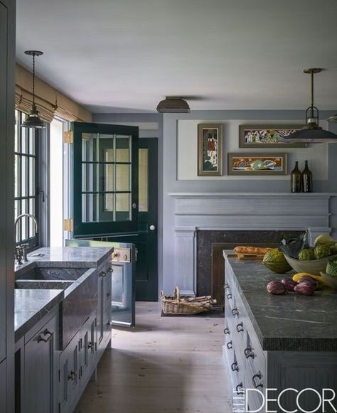 A Kitchen w/ Fireplace + Dutch Door | Content in a Cottage Gray Kitchen Countertops, Modern Grey Kitchen, Glam Pad, Room Fireplace, Grey Countertops, Fireplace Mantel Decor, Gray Kitchen, Kitchen Cabinets Makeover, Keeping Room