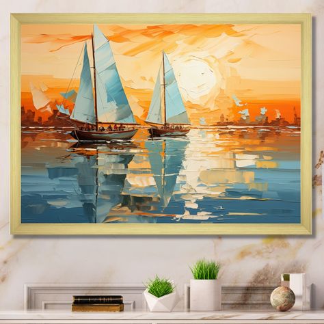 This beautiful "Sailboat Abstract Flotilla II" Framed wall Art is printed using the highest quality fade-resistant ink on canvas. Boat Wall Art, Boat Wall, Modern Wall Decor Art, Minimalist Landscape, Sailing Boat, Picture Frame Wall, Unique Aesthetic, Online Art Store, Framed Canvas Art