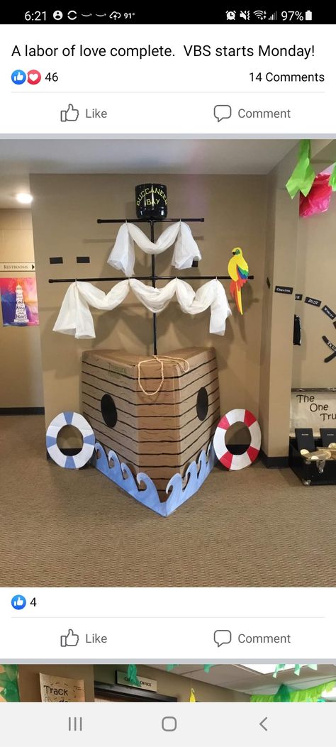 Pirate Ship Photo Prop, Pirate Theme Decorations Diy, Diy Pirate Sail, Pirate Theme Obstacle Course, Pirates Of The Caribbean Parade Float, Mermaid And Pirate Party Decorations, Boat Diy Ideas, Pirate Room Decor Diy, Pirate Cannon Diy How To Make