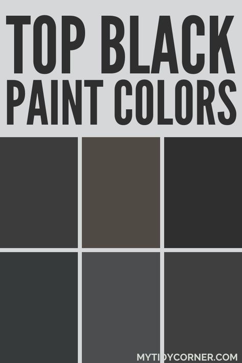 Collage of the trending black paint colors from the popular brands. Black Grey Paint Colors, Dark Paint For Basement, Bathroom Paint Colors Black Vanity, Shades Of Black Paint Colour Palettes, Iron Ore Sherwin Williams Shutters, Sooty Lashes Valspar, Charcoal Interior Paint, Benjamin Moore Black Brown Paint Colors, Best Sherwin Williams Black Paint Colors