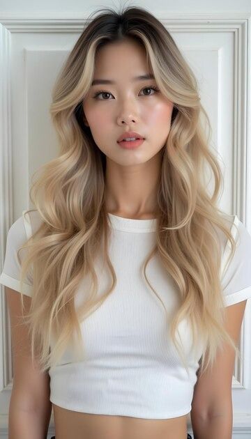 Asian Long Blonde Hair, Blonde Hair Dark Brown Eyes, Blonde Asian Face Claim, Korean Blonde Balayage, Cool Tone Skin Blonde Hair, Beige Blonde Asian Hair, Shadow Root Blonde Asian, Pale Girl Blonde Hair, High Impact Blonde