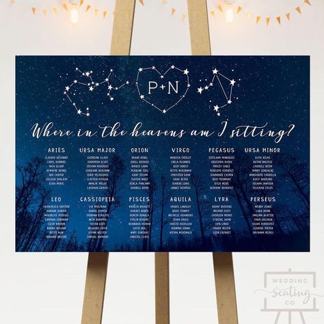 Starry Night Wedding Seating Chart for a star or galaxy themed reception  #nightsky #themedweddings Wedding Seating Chart Display, Constellation Wedding, Celestial Wedding Theme, Starry Wedding, Starry Night Dress, Galaxy Wedding, Debut Ideas, Starry Night Wedding, Celestial Wedding