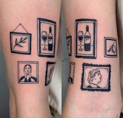 Cool Tattoos For Forearm, Thumbtack Tattoo, Canvas Tattoo Ideas, Small Van Gogh Tattoo, Museum Tattoo Ideas, Small Window Tattoo, Living Room Tattoo, Picture Frames Tattoo, Old Art Tattoo