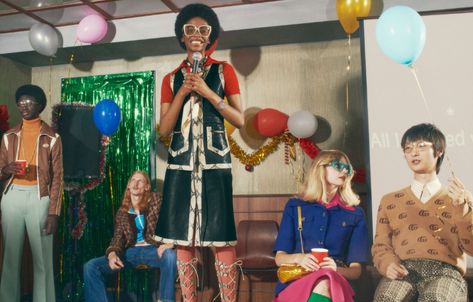 Channeling the retro vibe of holiday office parties in the 90s with the new Gucci Gift campaign. - Gucci Stories Gucci 2020, Gucci Gift, Enchanted Party, Houndstooth Fabric, Holiday Campaign, Gucci Gifts, Office Holiday Party, Office Christmas, Alessandro Michele