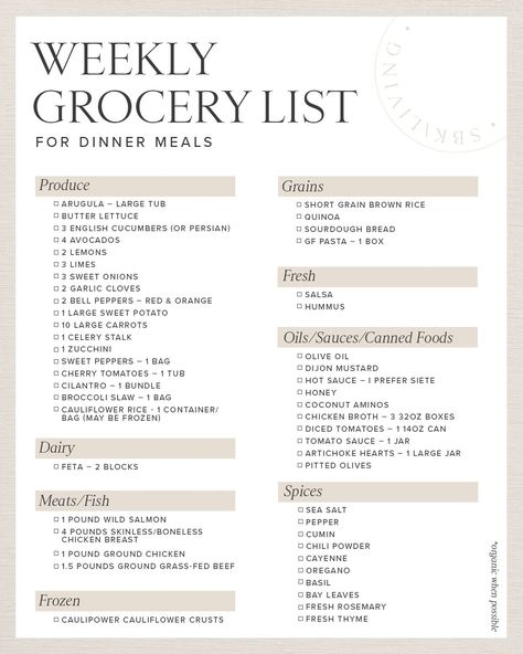 FOOD / I thought today I’d break down a weeks worth of nutritious dinner meals + my grocery list to go along with it. I'm sharing how to plan for the week and why it's crucial to a healthy and successful week. Get the details and FREE weekly meal plan. | SBK Living Weekly Dinner Meal Plan, Dinner Meal Plan, Nutritious Eating, One Week Meal Plan, Health Meal Plan, Healthy Weekly Meal Plan, Free Weekly Meal Plan, Healthy Shopping List, Nutritious Dinner