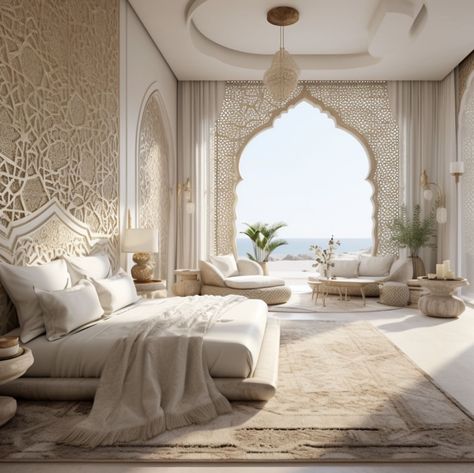 Arabian Home Design, Modern Arabian Interior Design, Moroccan Living Room Modern, Arab House Design, Arabic Bedroom Design, Arab Interior Design, Arab Bedroom, Arabian Bedroom Ideas, Islamic Bedroom