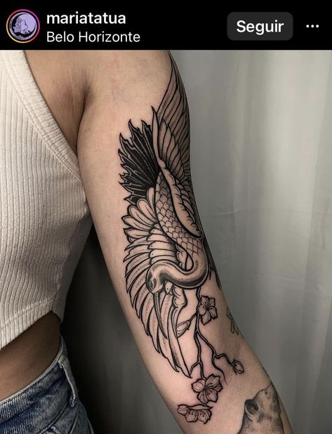 Blackwork Sleeve Tattoo, Fauna Tattoo, Upper Arm Half Sleeve, Heron Tattoo, Shoulder Cap Tattoo, Crane Tattoo, Wrist Tattoo Designs, Small Chest Tattoos, Traditional Tattoo Designs