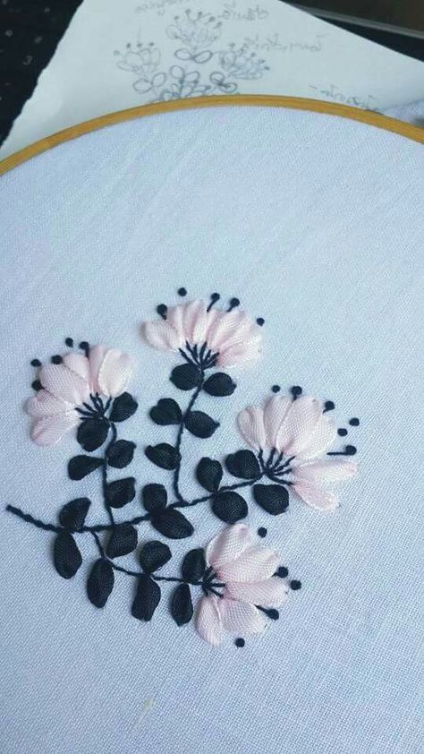 # Flower # Embroidery # Ribbon # My Work # IG @SACHA_studio Silk Ribbon Embroidery Tutorial, Rose Embroidery Pattern, Sulaman Pita, Silk Ribbon Embroidery Patterns, Ribbon Embroidery Kit, Embroidery Ribbon, Ribbon Embroidery Tutorial, Pola Sulam, Learn Embroidery